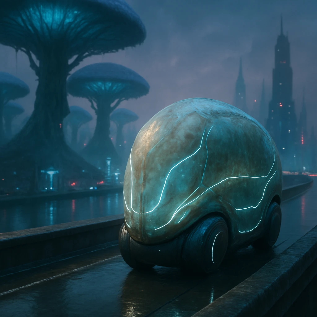 粘膜状の外殻を持つ自律配送車が異星都市の運河高架を走行し、背景に発光する菌糸樹や都市の光が広がっている様子。