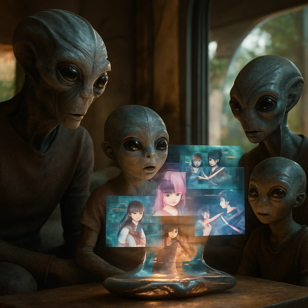 異星の家族が先進的な透明デバイスから立体的な多層アニメ映像を見つめている写真風の一場面。