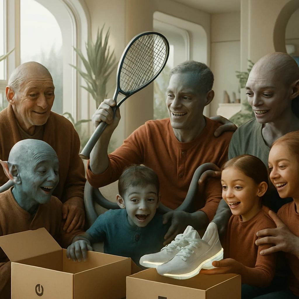 多腕のヴォーラン星人家族が最新のスポーツ用具サブスクリプションボックスを囲んでリビングで開封している様子。