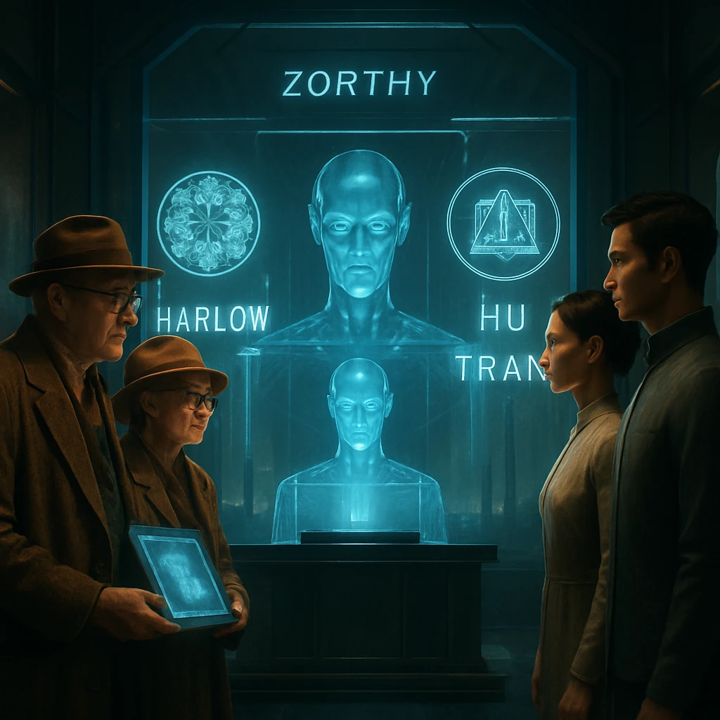 近未来的な法廷でAI端末を前に伝統的な高齢夫婦と現代的な若いカップルが向かい合い、ホログラムの姓データが浮かぶ様子。