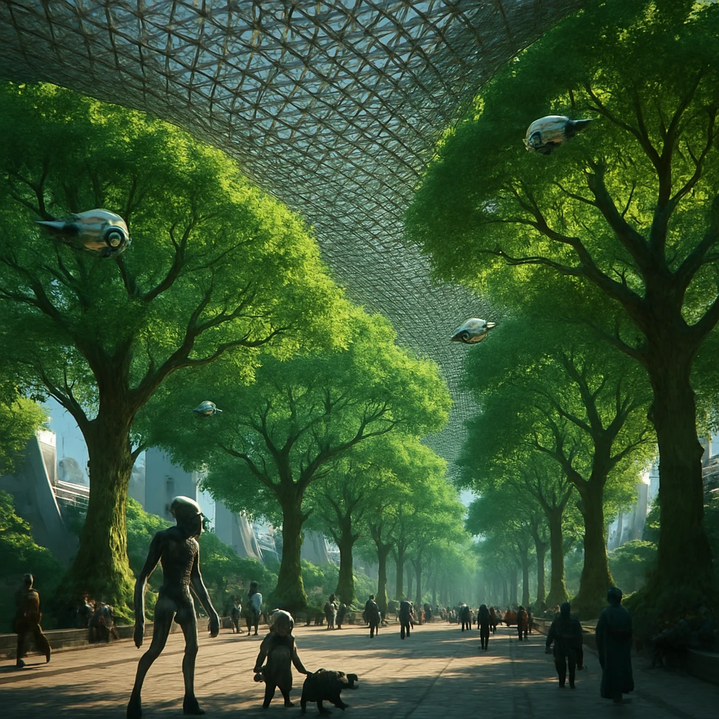 ジブロン星の未来都市で空中に網状の樹冠と緑豊かな樹木、歩行者、維持ドローンが広がる新都市景観を示す写真風画像。