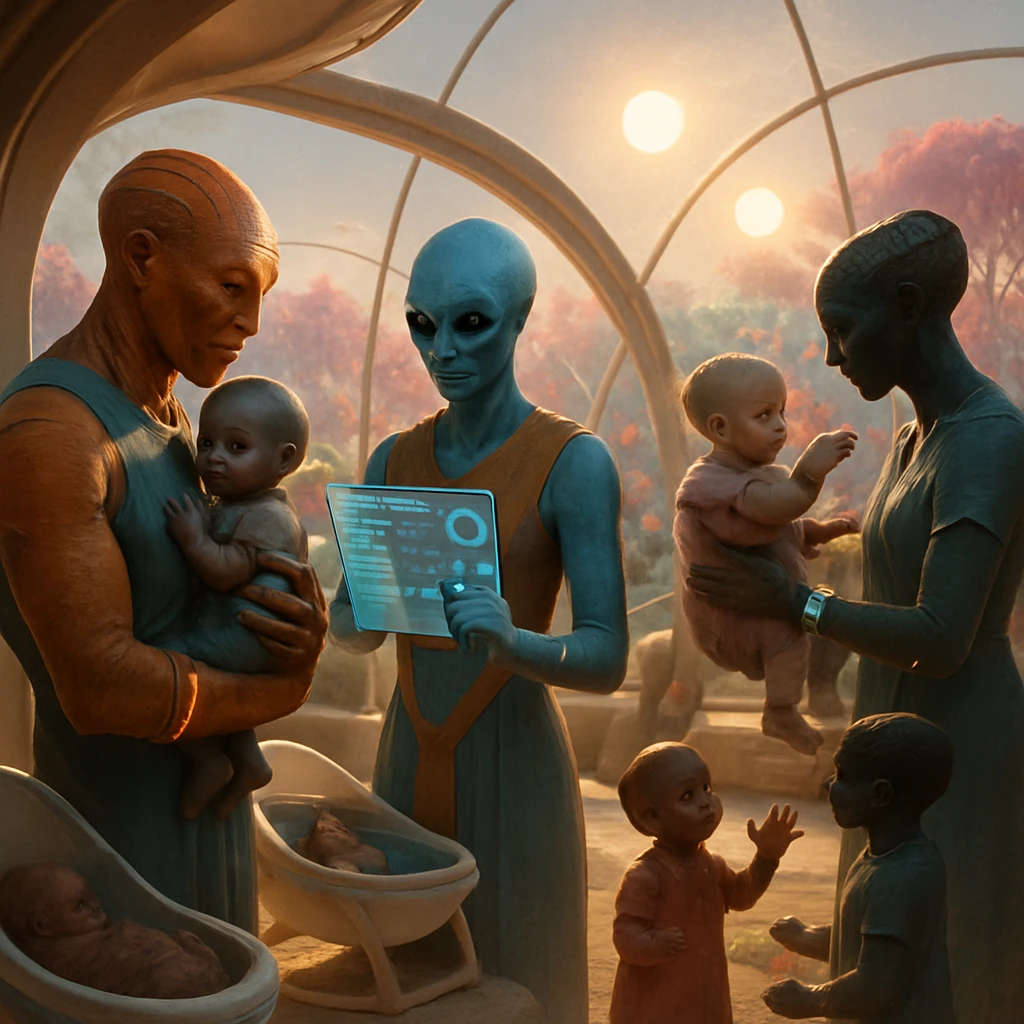 三重太陽の下、未来的な保育施設で異種族の大人たちが親交的に育児当番を交代し、子どもたちと共に過ごす様子の写真風画像。