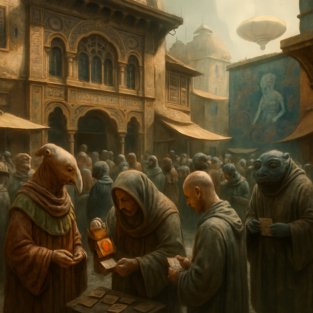 カニティル族の伝統衣装を着た人々と異星種が、歴史ある建物前で多感覚ご朱印タグを受け取るシーン。