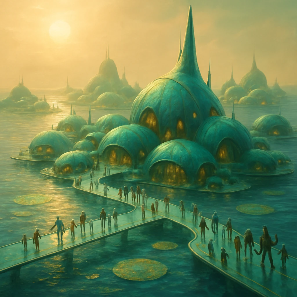 異星の広大な海に浮かぶ藻類膜で覆われた未来的な都市群を空から見下ろした写真風画像。