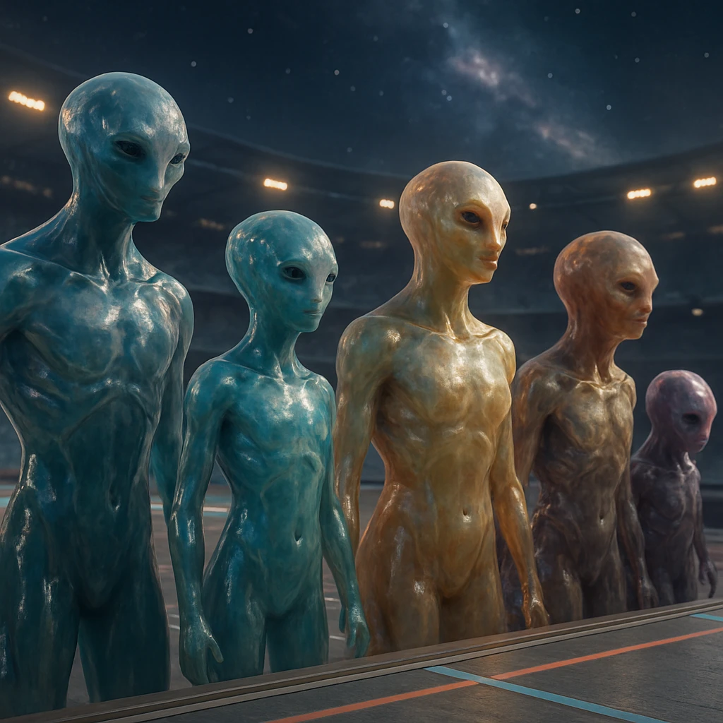 多様な姿や年齢の流体生命体が近未来的な競技場のスタートラインに並ぶ写真風のリアルな場面。