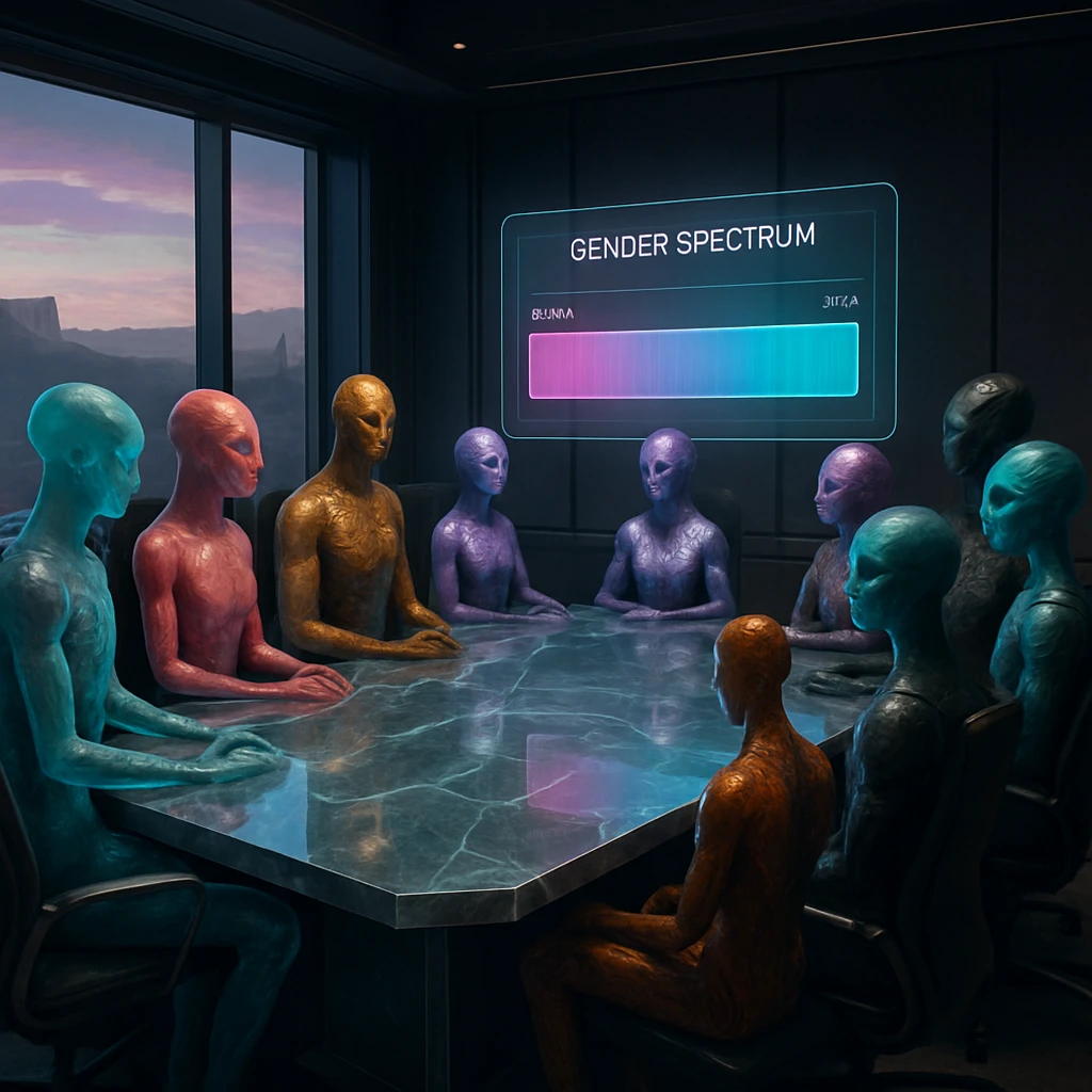 ヴォルティリオン惑星の先進的な役員会議室で、多様な外見を持つ10体の住民が円卓を囲み、上空にホログラムのスペクトラムチャートが浮かんでいる様子。