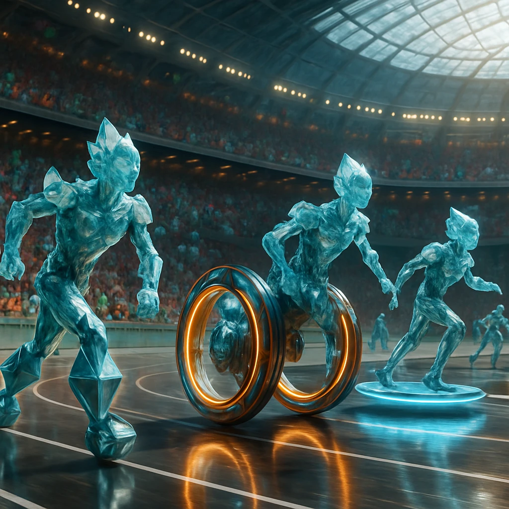 巨大なガラスドーム内の競技場で、多様な形態とサポート機器を持つ結晶生命体たちが競走している写真風イメージ。