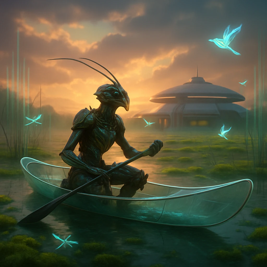 異星のビオトープで多脚の昆虫型知性体が透明なカヌーに乗り、人工的な湿地環境を探索している様子。
