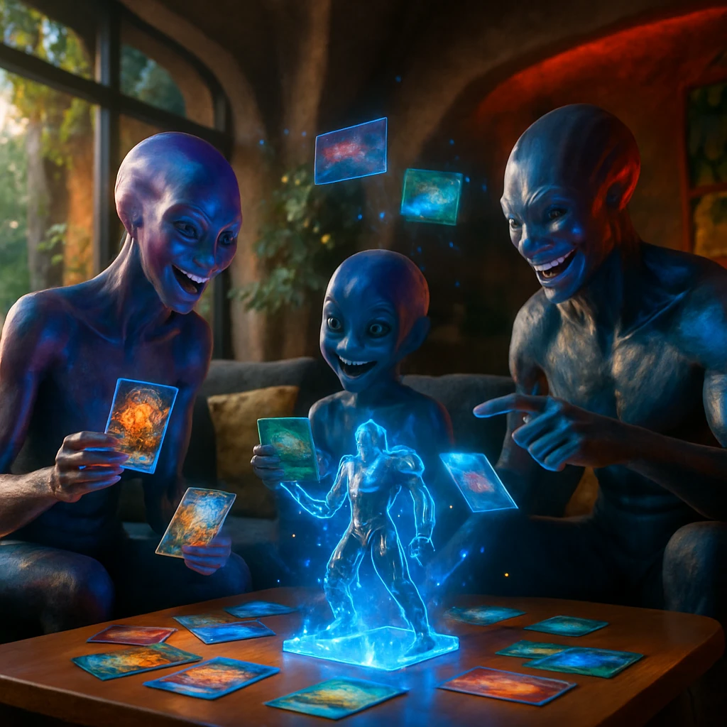 未来的なリビングで、多形態の存在たちが発光するトレーディングカードと変形するアクリルスタンドを囲み、宙に浮かぶストーリー断片を楽しんでいる様子。