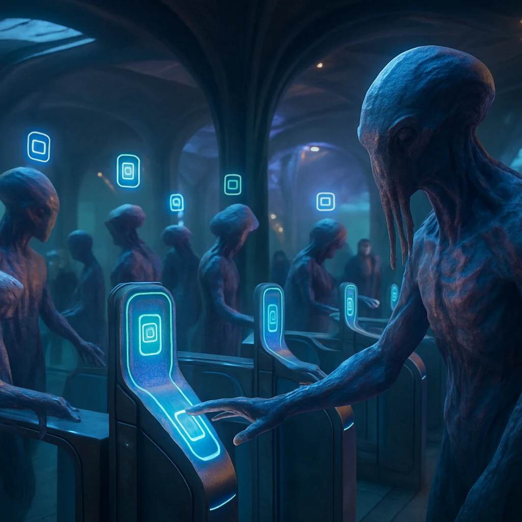 透明な改札ゲートで集合意思波デバイスに手をかざす異星人と、幻想的な青紫色の光に包まれた先端的都市交通駅の様子。