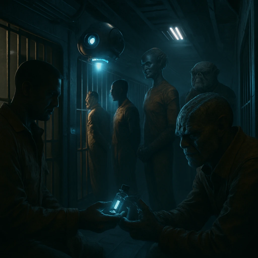 近未来の刑務所内で複数の異星人囚人とAI警備ドローンが映り、影の中で囚人同士が小さな発光する薬物を交換している様子。