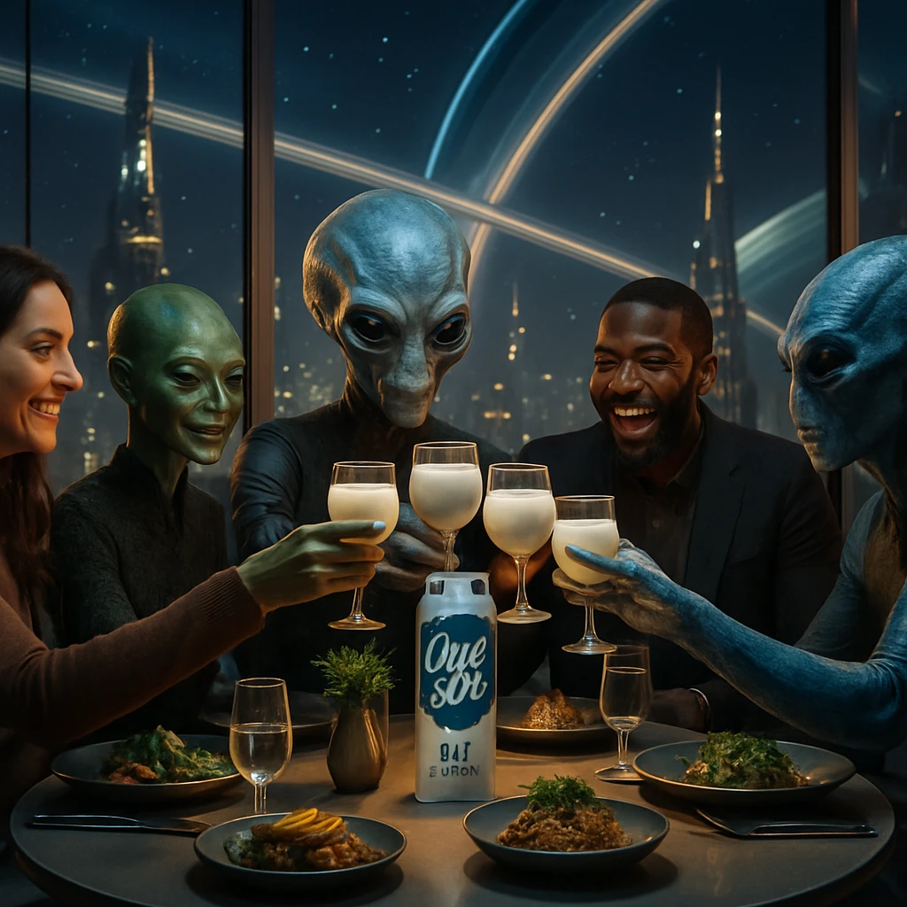 未来都市の夜景を背景に、多様な種族が円卓でオーツシルクの飲料を楽しんでいる光景。