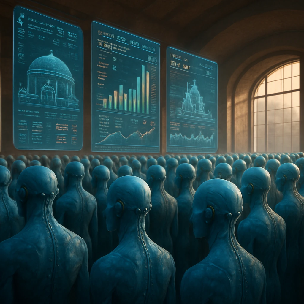 青白い半透明のタサリッド族が脳内リンクで連結された未来的な投資フォーラム内の壮観な様子。