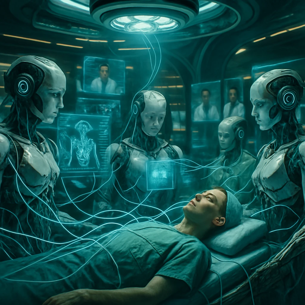 未来的な手術室で複数の医療ロボットが神経ネットワークで患者と接続されている様子。