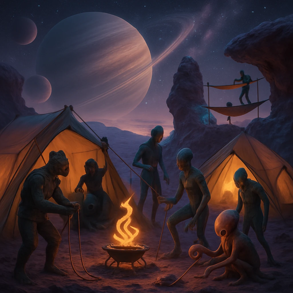 さまざまな異星種族が夕暮れのグリーゼ581dで多層キャンプ地を協力して設営している写真風のビジュアル。