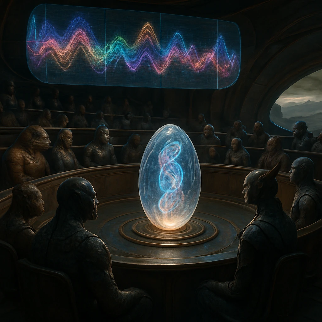 異星の評議会議場で多様な生物が発光する卵状装置を囲んでいるSF風の写真。