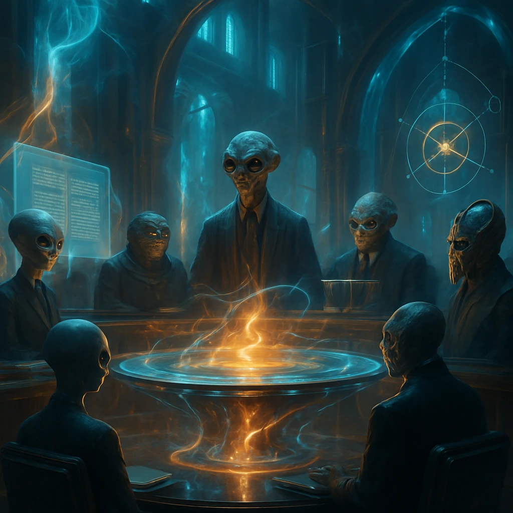 異星人裁判官や多様な種族が集うプラズマに満ちた未来法廷の様子をリアルに描いた写真風画像。