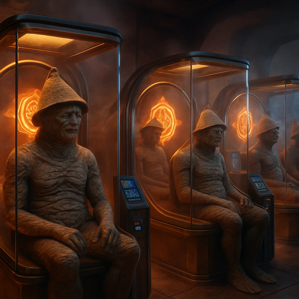 近未来的なサウナ施設で透明なポッドに入ったフルグリム族とカラフルに光るエンブレムが並ぶ様子。