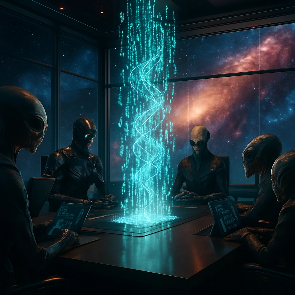 未来的なガラス張りの会議室で、多様な異星人とAIが発光するホログラム状の“生きたコード通貨”を見つめている様子。