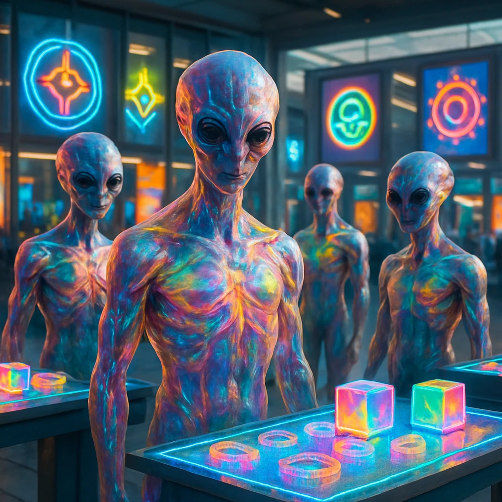 多彩な光るオーラをまとった複数の異星生命体が、未来的な広場で自作グッズを展示している様子。