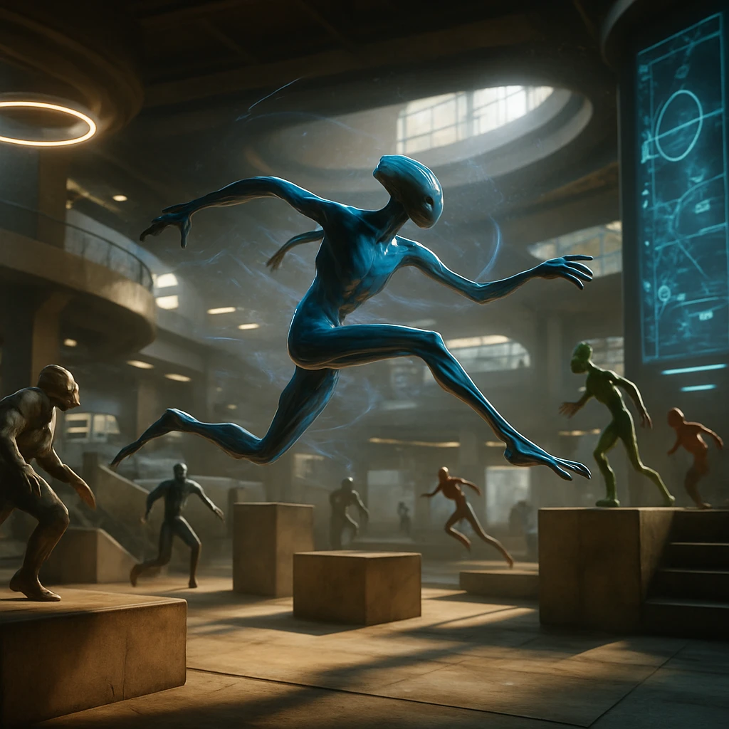 多関節型の異星人が最先端のパルクールジムで重力変調の中を跳躍している情景のリアルな写真風イメージ。