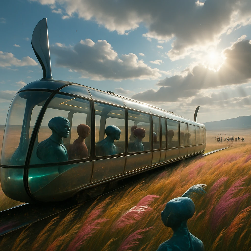 多彩な草原を走る未来的な極薄風動車両と、大きな窓越しに景色を見つめる多様な異星の乗客たちの様子。