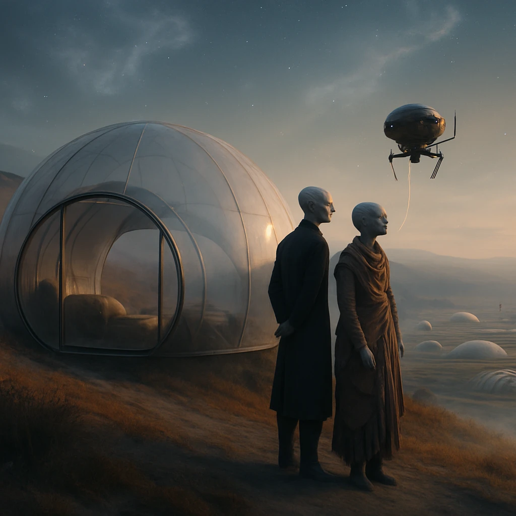 斜塔星の丘陵地に点在する半透明ドーム住居と、外に立つ2人のソリドゥア種族が未来的な風景を見渡している写真。