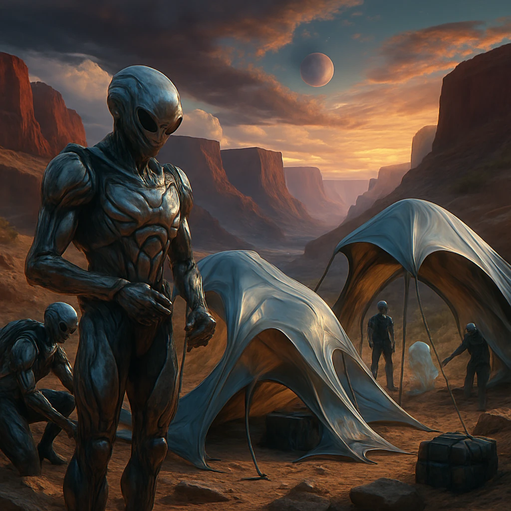 惑星バジラクスの峡谷でバイオ外骨格を持つ異星人たちが流動的なキャンプシェルターを設営する様子。