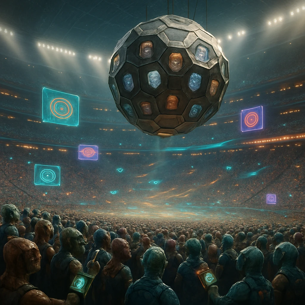 多面体実況席が宙に浮かぶ近未来スタジアムで、多様な観客が腕装着デバイスを身につけて観戦する様子。