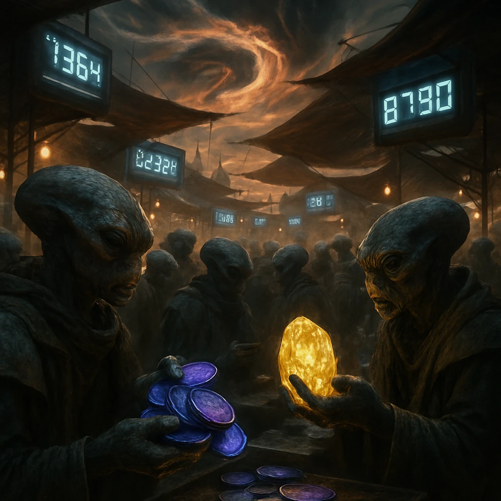 惑星チャビラの市場で、ドルール族の住民たちが紫と青のクロム貨や黄色光石を手に緊迫した様子で取引をしている写真風イメージ。