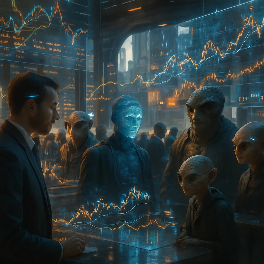 複数の種族が集う未来都市の市場フロアで、頭部に発光する神経インターフェースを装着した参加者たちがホログラフの市場データを見ながら交流している場面。