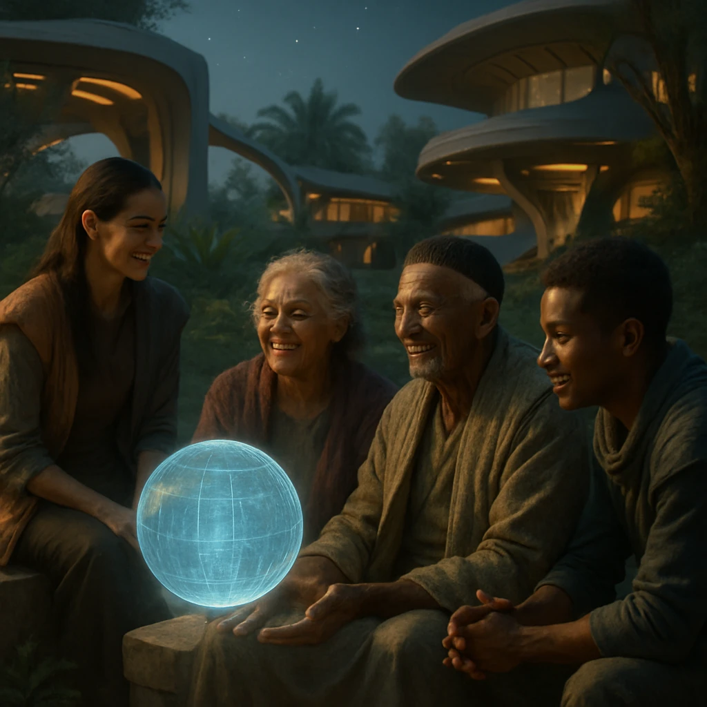 未来的な村の広場で、異なる世代のセグディ族とAIホログラムが共に談笑するリアルな集合写真風シーン。