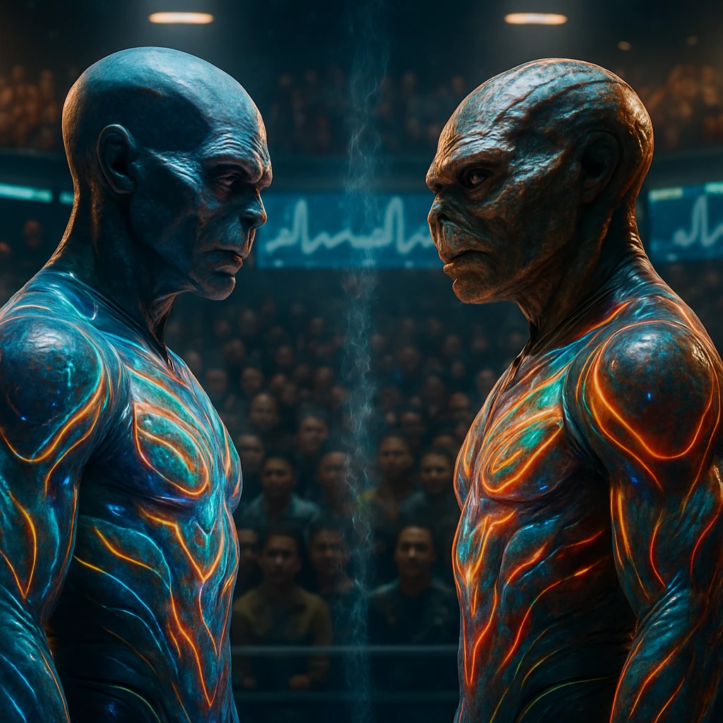 異星人の武道家二人が未来的なアリーナ中央で静かに対峙し、カラフルに光るバイオ着衣をまとい、観衆が見守る中、精神圧が目に見えるように表現されている。