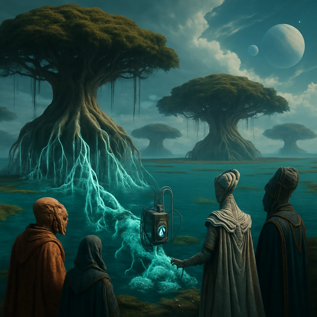 異星の浮遊湿原で、巨大なマングローブ樹とその根に取り付けられた装置を観察する異種族たちの写真風画像。