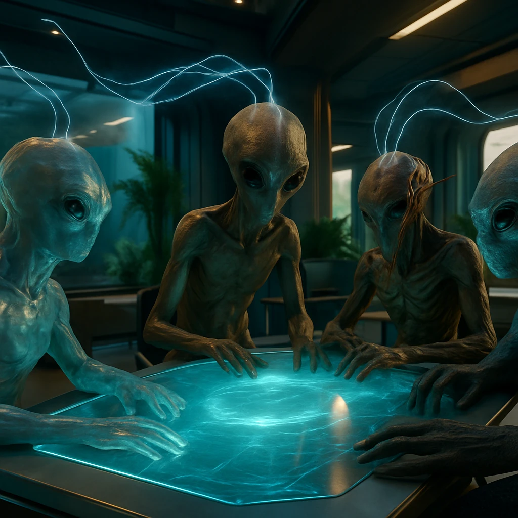 多様な姿形の知的なエイリアンたちがホログラム会議テーブルを囲み、光り輝くリモート通信でつながっている様子。