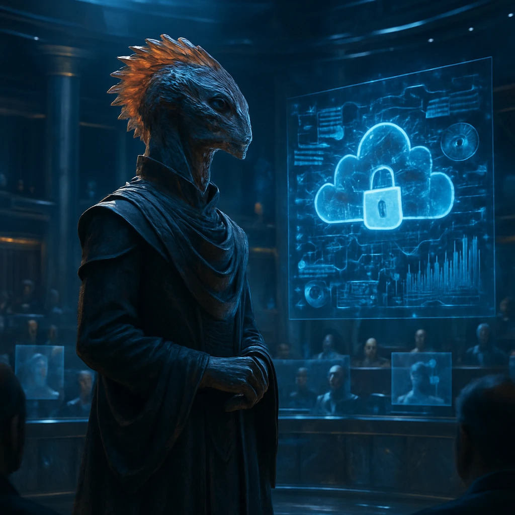 フロクシアン族の外交官が銀河外交会議場でホログラム化されたクラウドセキュリティの図を前に立つ様子。