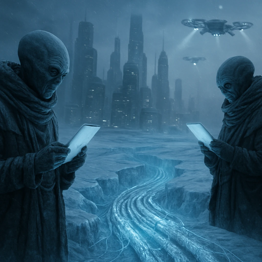 凍った巨大な通信ケーブルが氷河を横断し、異星の都市で孤立した住民たちがデジタル機器を見つめている様子。