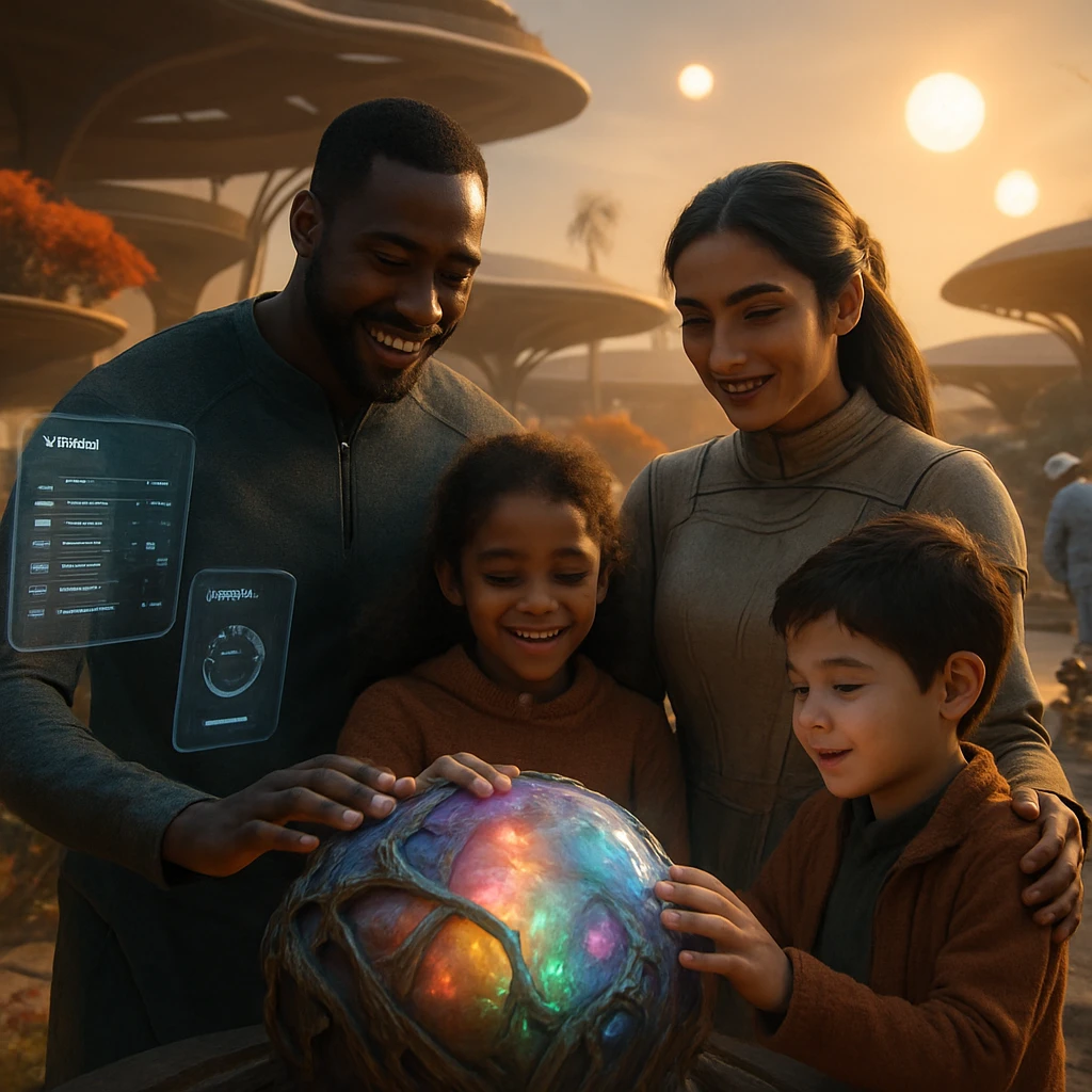 三つの太陽が輝く未来的な星で、多様な家族たちが多色に輝くケア装置を囲み、AI画面やロボットも共にいる様子。