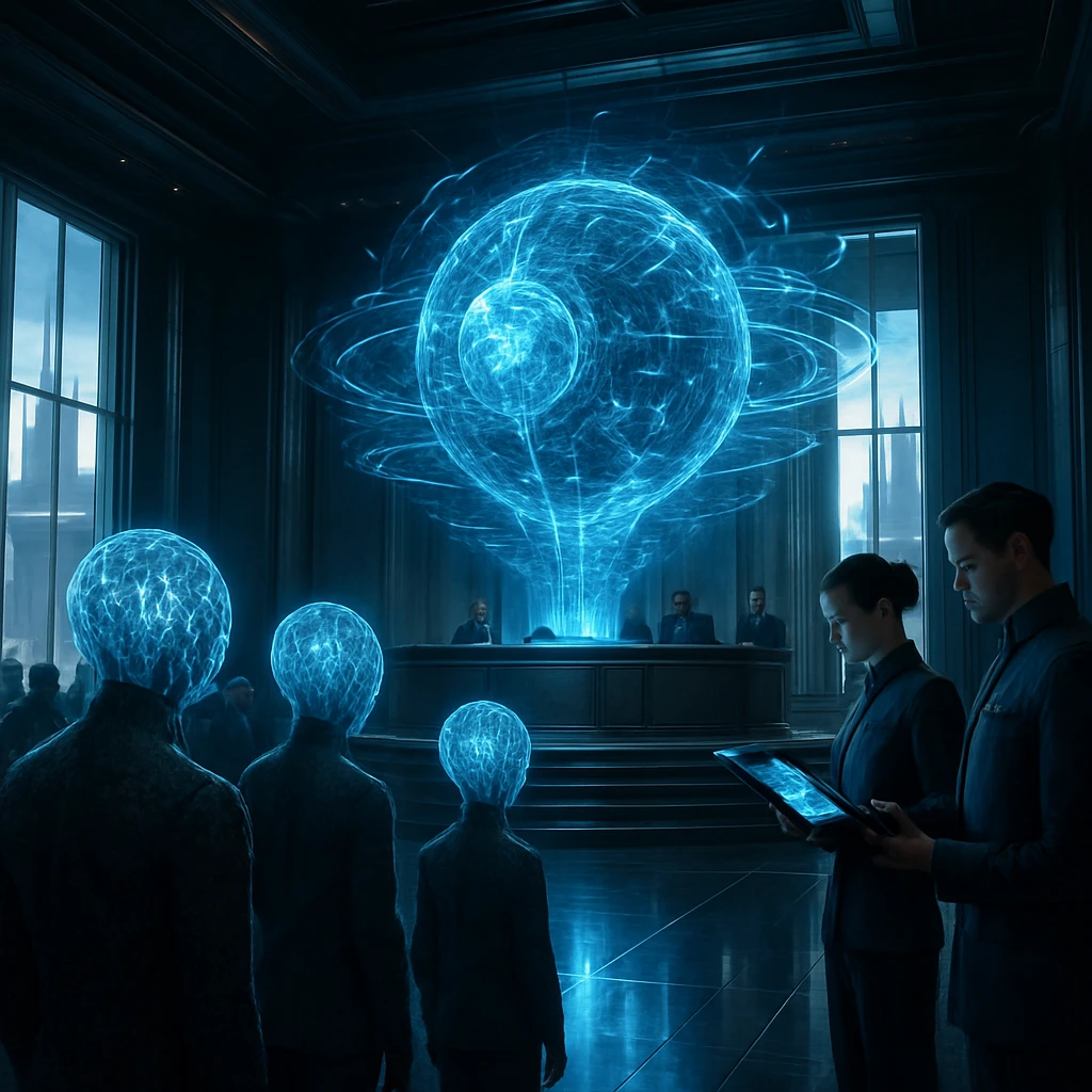 巨大なホログラフィックAIコアが中心に浮かび、脳球を持つ市民と職員が囲む近未来的な行政会議室の様子。