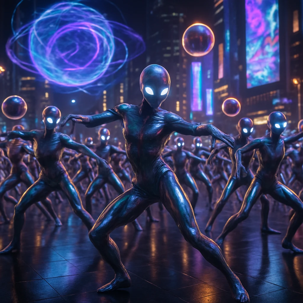 夜の近未来都市広場で、光沢ある肌と集団眼球を持つ多体の異星人アイドルたちが華やかな群舞を披露している様子。