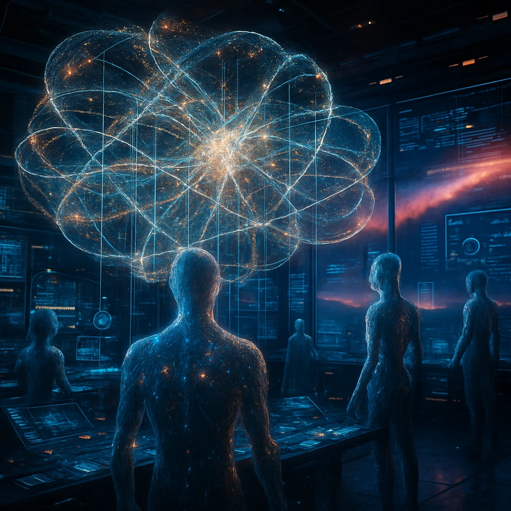 未来的な指令センターで、光の粒子群が複雑なマトリクスを形成し、データが投影されている様子。