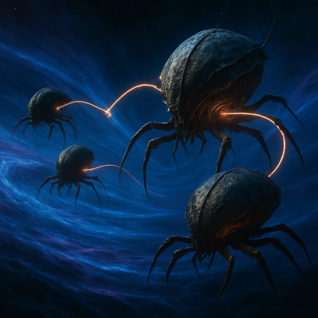 多脚型の異星人宇宙船分隊が青紫色の重力波フィールドを連携して航行しているリアルな画像。