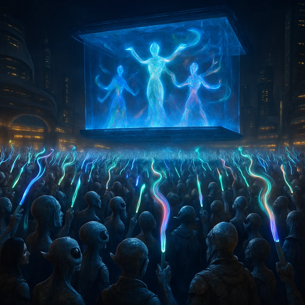 未来都市の広場で、多次元に輝くペンライトを振る異星人と人間の大群衆、その中央上空にホログラフィックなアイドルがエネルギーの波を放つ写真風イメージ。