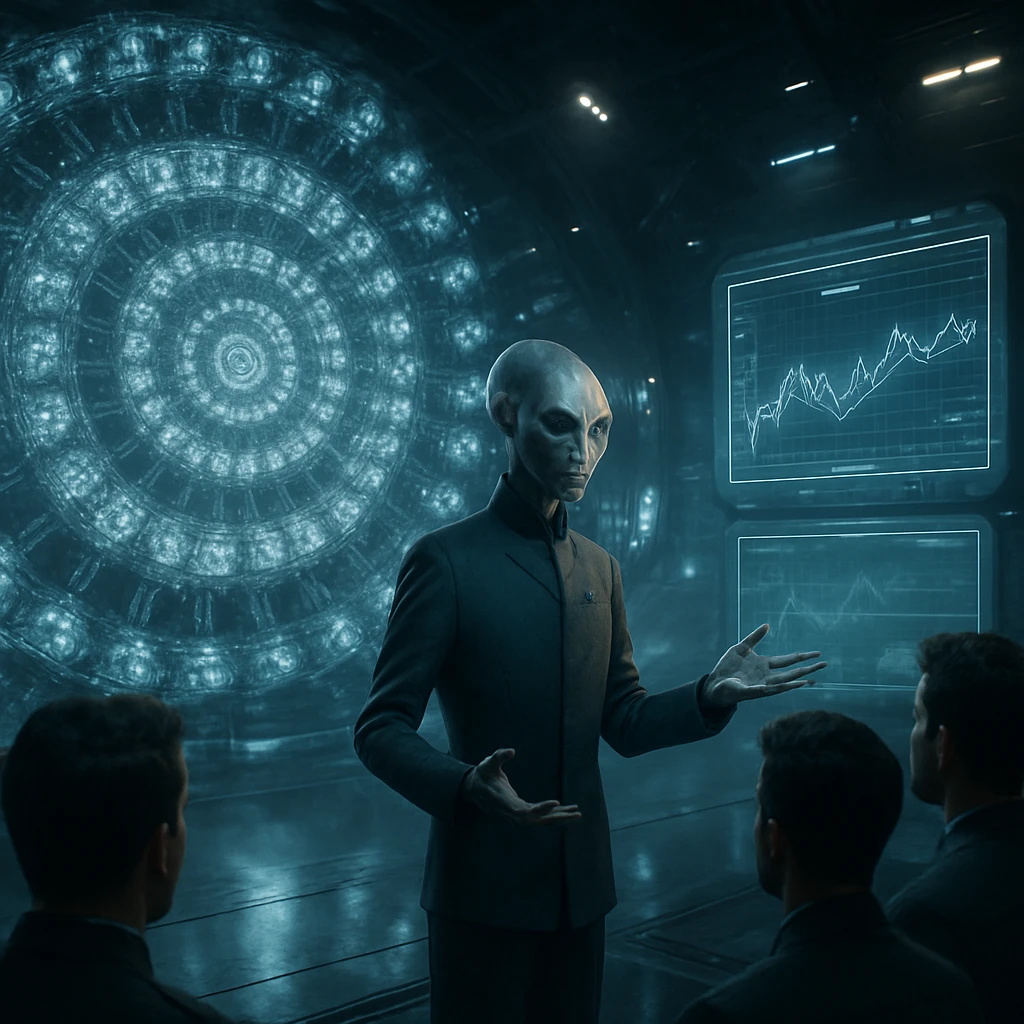 先進的な宇宙研究施設で複雑な格子状装置と研究者が並ぶ実験室の様子。