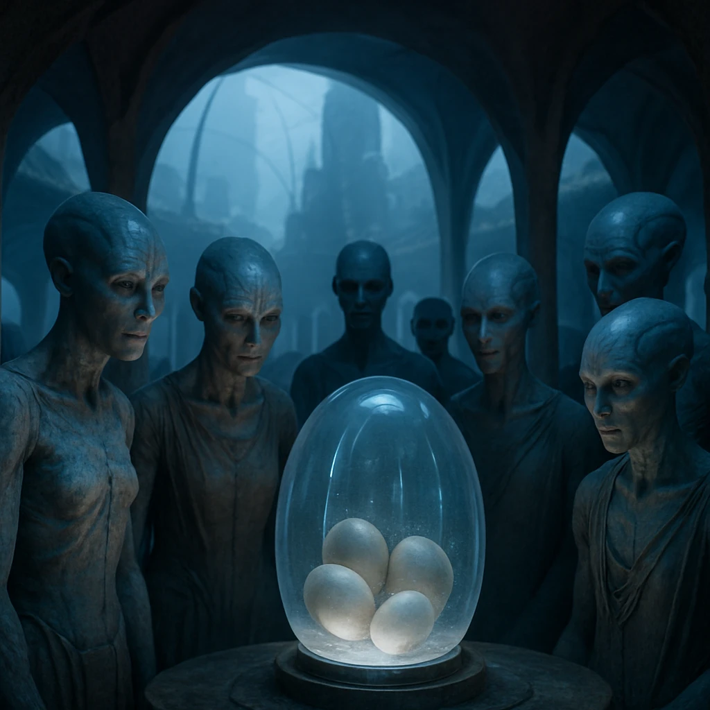 都市型ドーム内で少数の卵を囲み静かに見守る複数のクマリ人の写真風イメージ。