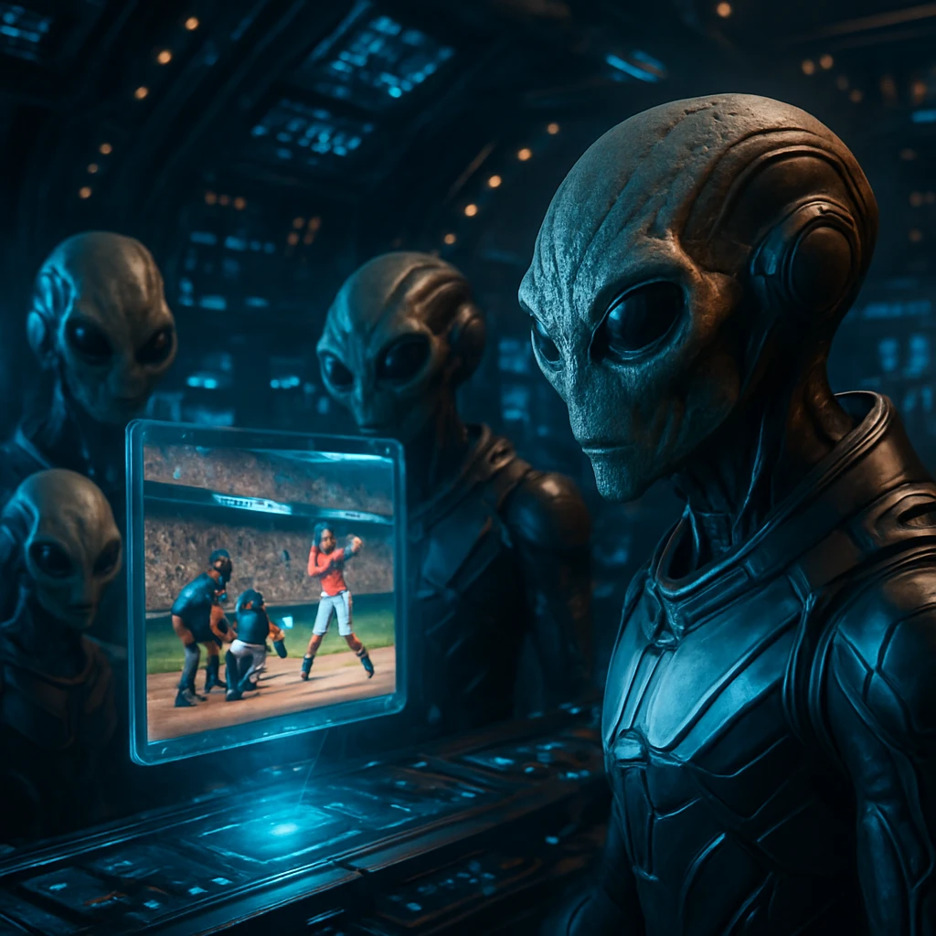 宇宙船の制御室で複数の異星人スカウトが浮かぶホログラム画面に映る地球の野球試合を真剣に観察している様子。