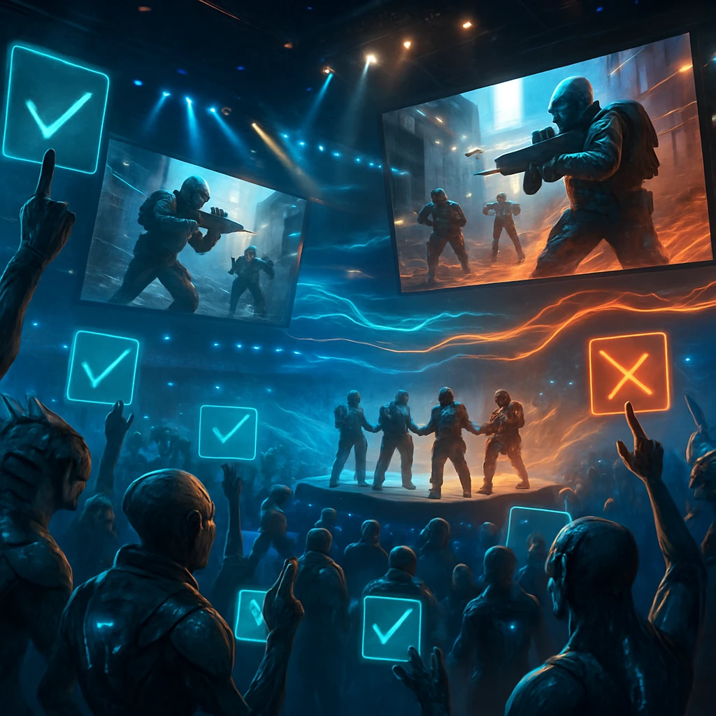 未来的なeスポーツアリーナで、多種族のエイリアン観客がホログラム画面のゲームとデジタル投票パネルを見守る様子。