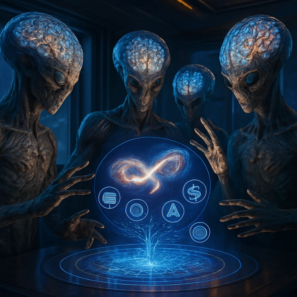 多面体の脳を持つ異星生命体たちが、未来的な会議室で銀河企業の統合を示すホログラムを囲んでいる写真。