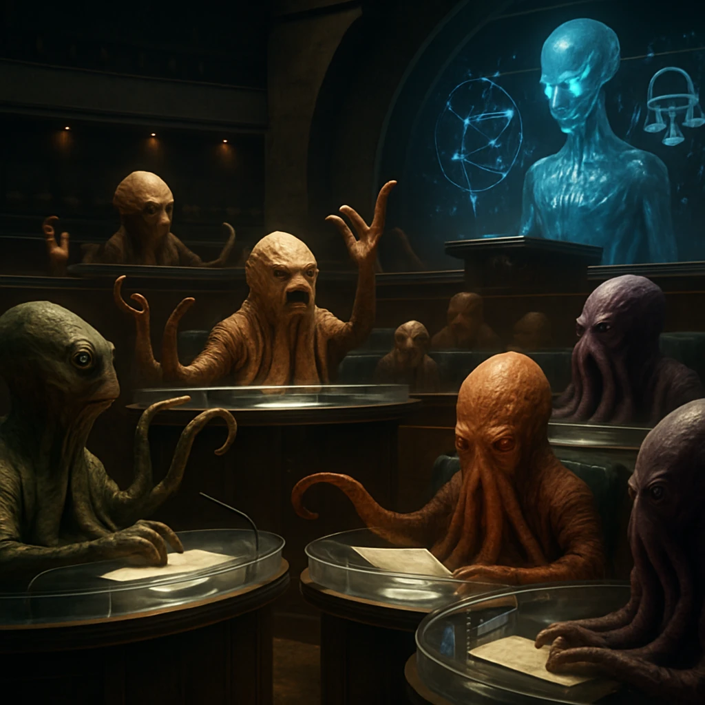 八本の触手を持つ異種族の議員たちが円形の議会場で熱心に討論する様子を写したリアルな写真風画像。