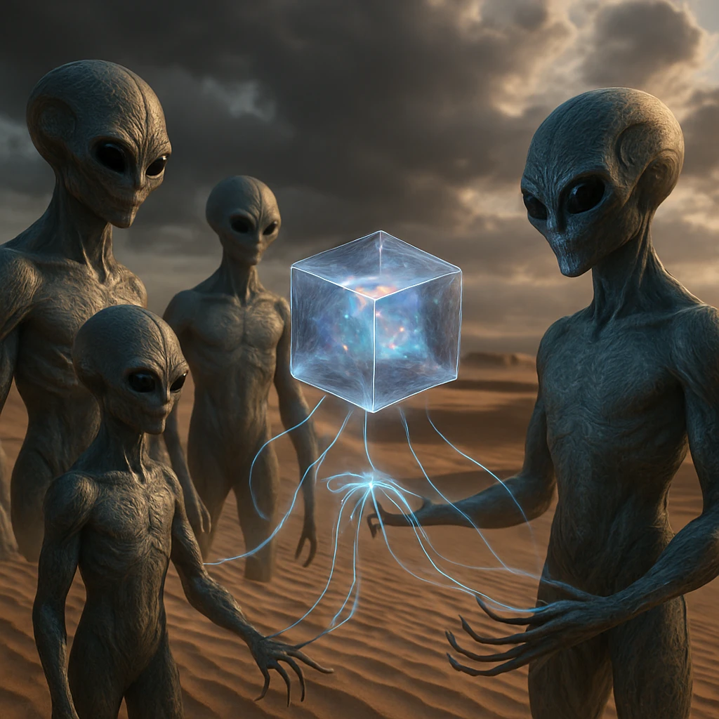 砂丘の上で、光り輝く立方体デバイスの周囲に異星的な姿の部族員たちが集まり、光の糸で意識がつながっている様子。